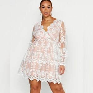 Boohoo Nude and White Lace Detail Dress